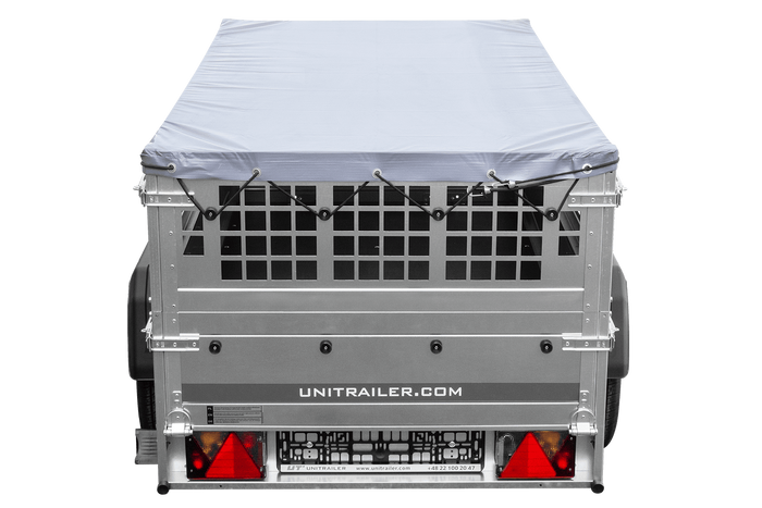 RIMORCHIO DA GIARDINO 200 KIPP CON RUOTA DI SOSTEGNO, FIANCHI IN RETE, TELAIO H-0 E COPERTURA GRIGIA