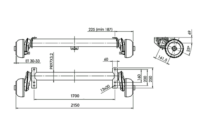 Assale frenato AL-KO COMPACT per rimorchio/carro attrezzi 1350kg 1700mm 2150mm 5x112