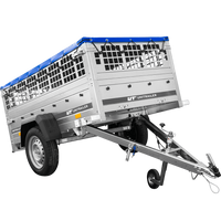 RIMORCHIO DA GIARDINO 200 KIPP CON RUOTA DI APPOGGIO, FIANCHI IN RETE E TELO PIATTO BLU