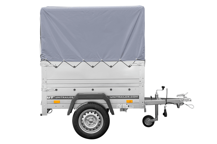 RIMORCHIO CARRELLO TRASPORTO COSE RIMORCHIO LEGGERO 750 KG UNITRAILER GARDEN TRAILER 150 KIPP CON SOVRASPONDE RUOTINO CENTINA E TELO GRIGIO