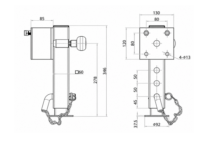 Supporto a manovella estensibile UNITRAILER JL1 per rimorchio pianale da 1500 kg, 346-576 mm