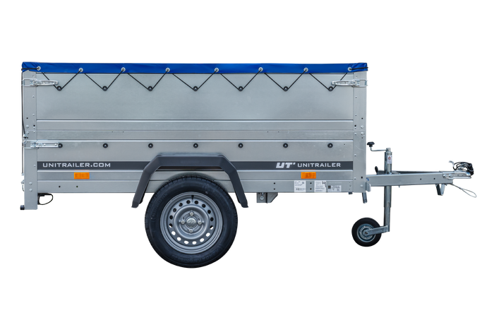 Nuovo rimorchio per auto GARDEN TRAILER 200 KIPP con ruotino d'appoggio, sovrasponde e telo piatto blu