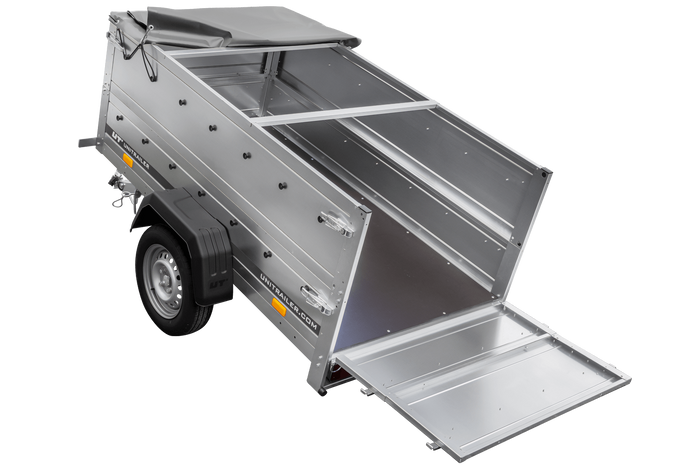 Rimorchio monoasse 200x106 UNITRAILER GARDEN 200 KIPP con sponde BIS, telaio H-0 e copertura grigia