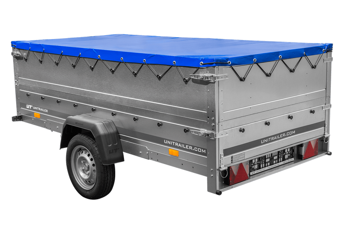 Rimorchio a un asse Unitrailer GARDEN TRAILER 264 KIPP con sponde BIS e telone piatto blu