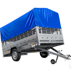 Rimorchio per auto su molle 264x150 UNITRAILER GARDEN 265/R KIPP con sponde in rete, telaio H-800 e copertura blu