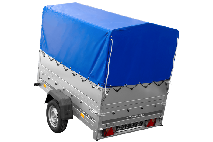 Rimorchio monoasse 200x125 UNITRAILER GARDEN 201 KIPP con sponde BIS, telaio H-800 e telo di copertura blu