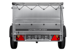 Rimorchio carrello leggero senza freni trasporto cose 750 kg Unitrailer Garden Trailer 200 kipp (new) con ruotino sovrasponde e telo grigio