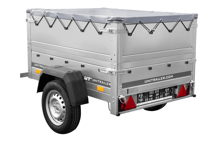 Rimorchio da giardino Unitrailer Garden Trailer 150 KIPP (nuovo) con ruotino sovrasponde e centina H0 con telo grigio