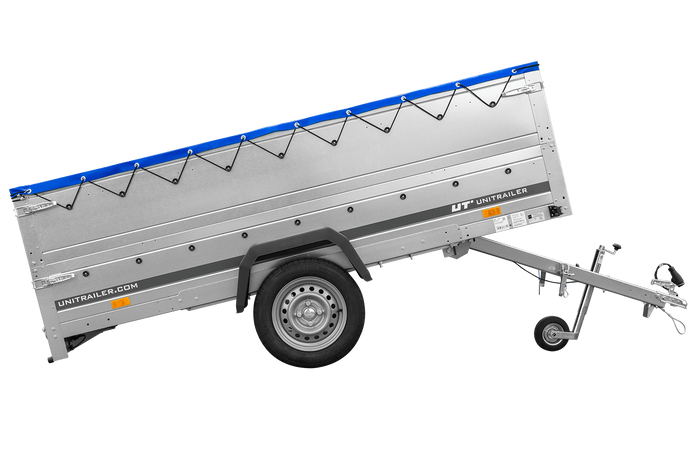 Rimorchio a un asse Unitrailer GARDEN TRAILER 264 KIPP con sponde BIS e telone piatto blu