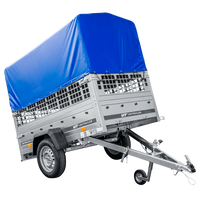 RIMORCHIO CARELLO TRASPORTO COSE RIMORCHIO LEGGERO 750 KG UNITRAILER GARDEN TRAILER 200 KIPP CON SOVRASPONDE A RETE RUOTINO CENTINA E TELO BLU