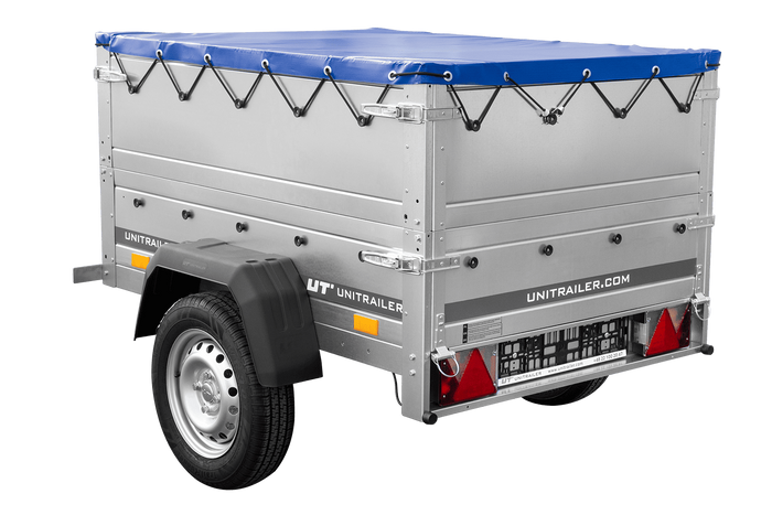 Rimorchio carrello leggero senza freni trasporto cose 750 kg Unitrailer Garden Trailer 150 kipp (new) con ruotino sovrasponde e telo blu