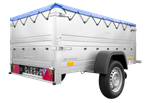 Nuovo rimorchio per auto GARDEN TRAILER 200 KIPP con ruotino d'appoggio, sovrasponde e telo piatto blu