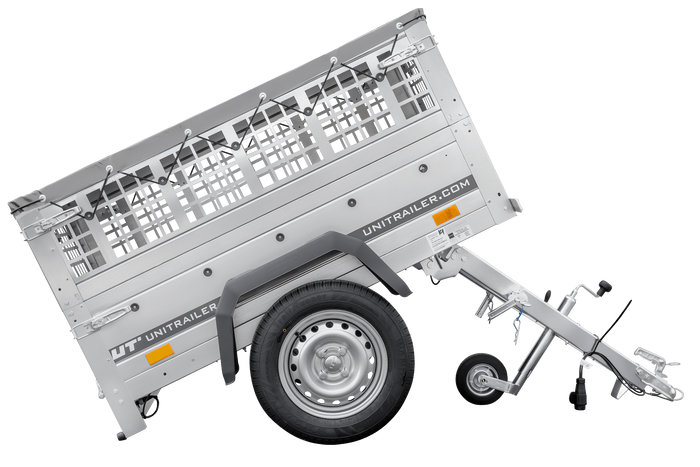 Rimorchio per auto 150x106 UNITRAILER GARDEN 150 KIPP con lati in rete e copertura grigia