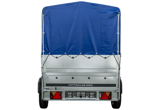 Rimorchio leggero 230x125 UNITRAILER GARDEN 230 KIPP con sponde BIS, telaio H-800 e telo di copertura blu
