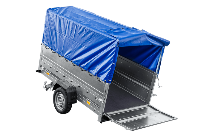 Rimorchio leggero 230x125 UNITRAILER GARDEN 230 KIPP con sponde BIS, telaio H-800 e telo di copertura blu