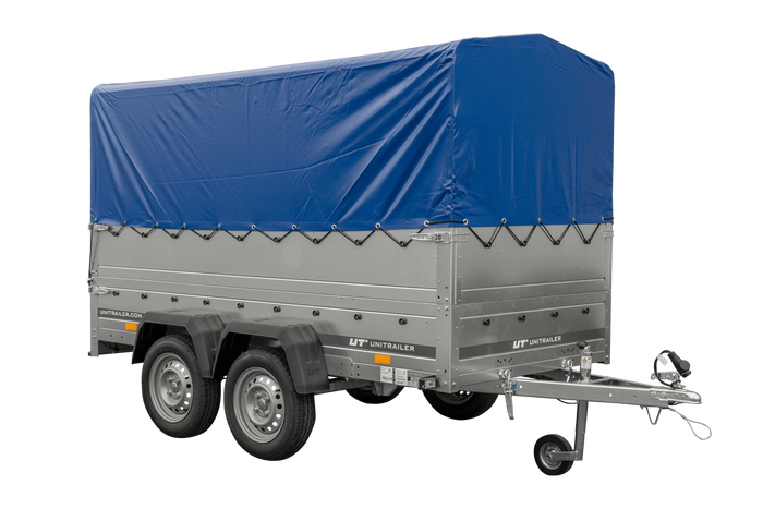 Rimorchio per auto a due assi UNITRAILER GARDEN TRAILER 264/2 KIPP CON RUOTA DI SOSTEGNO, FIANCHI BIS, TELAIO H-800 E COPERTURA BLU