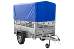 RIMORCHIO CARELLO TRASPORTO COSE RIMORCHIO LEGGERO 750 KG UNITRAILER GARDEN TRAILER 200 KIPP CON SOVRASPONDE A RETE RUOTINO CENTINA E TELO BLU