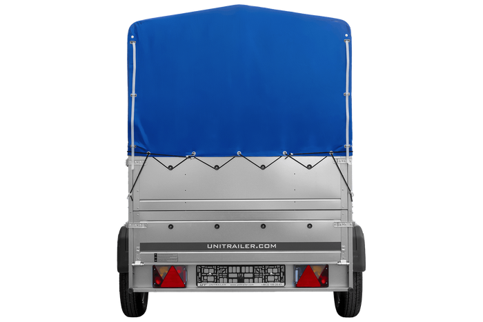Rimorchio monoasse 200x125 UNITRAILER GARDEN 201 KIPP con sponde BIS, telaio H-800 e telo di copertura blu