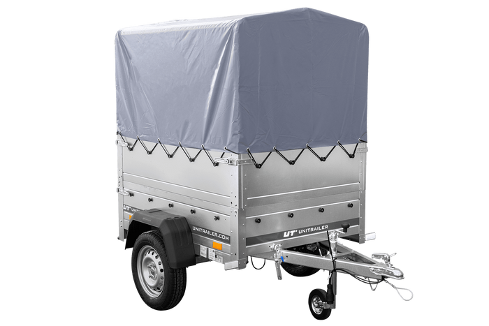 Rimorchio monoasse 150x106 UNITRAILER GARDEN 150 KIPP con sponde BIS, telaio H-800 e copertura grigia