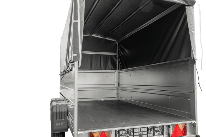 Rimorchio per auto a 2 assi UNITRAILER GARDEN TRAILER 264/2 KIPP con ruota di supporto, sponde bis, telaio h-800 e telo grigio