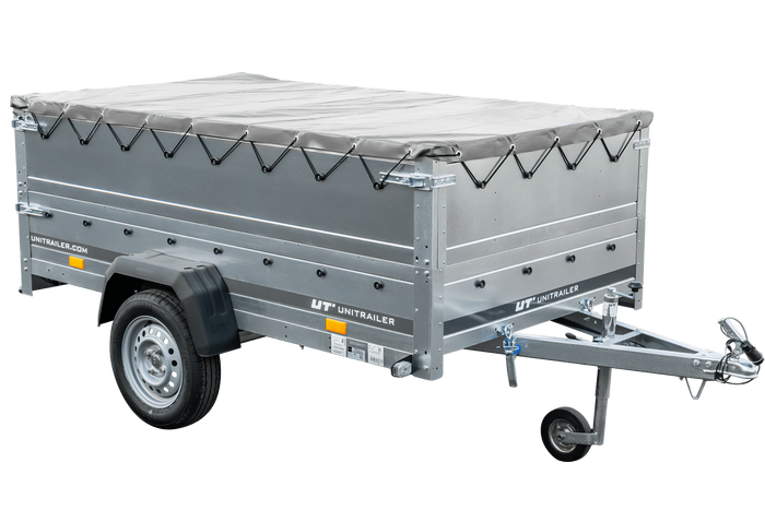 Rimorchio leggero Garden Trailer 230 kipp con ruotino sovrasponde e telone grigio