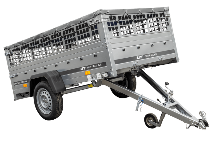 Rimorchio per auto 230x125 UNITRAILER GARDEN 230 KIPP con lati in rete e copertura grigia
