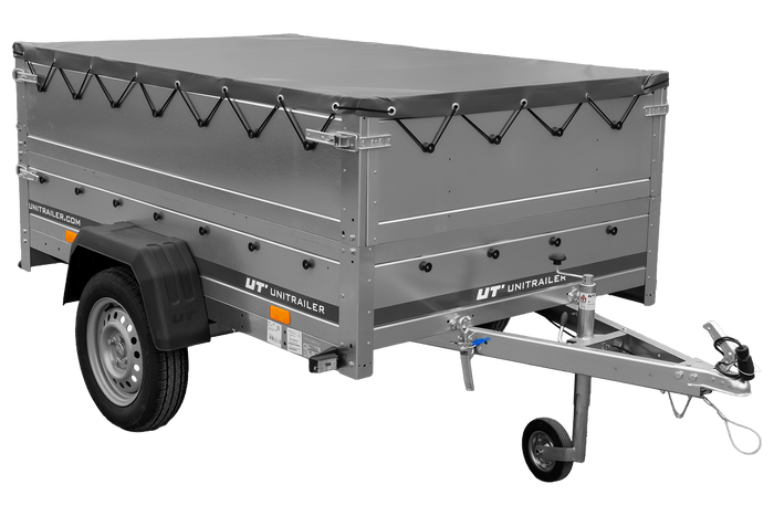 Rimorchio leggero 200x125 UNITRAILER GARDEN 201 KIPP con sponde BIS, telaio H-0 e telone grigio