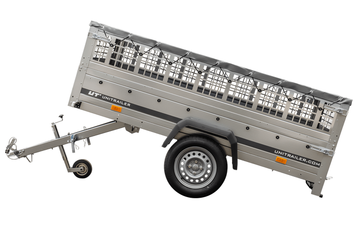 Rimorchio per auto 230x125 UNITRAILER GARDEN 230 KIPP con lati in rete e copertura grigia