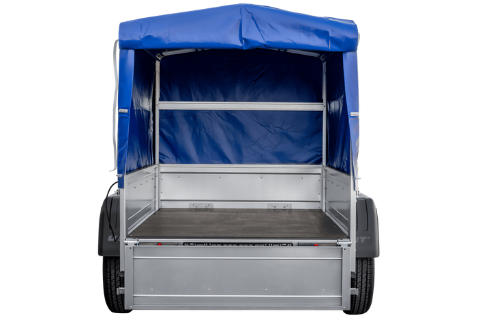 Rimorchio leggero 150x106 con telone blu e centina PTT 750 kg Garden Trailer 150 kipp