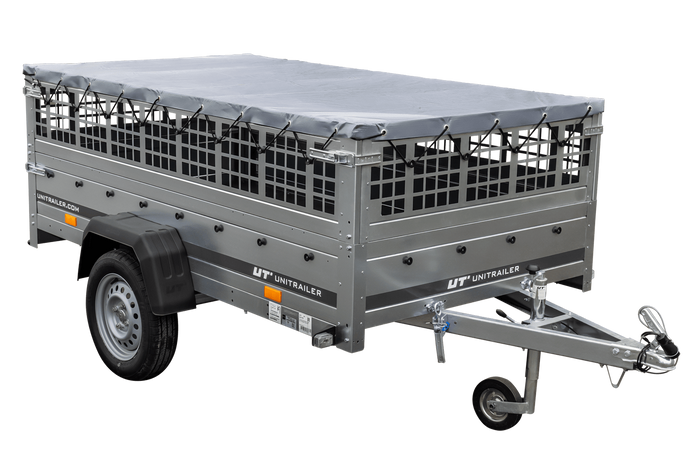 Rimorchio monoasse 230x125 UNITRAILER GARDEN 230 KIPP con sponde in rete, telaio H-0 e copertura grigia