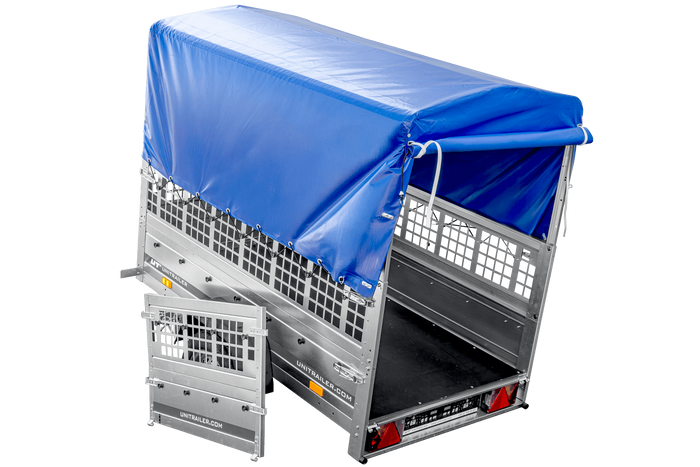 RIMORCHIO CARELLO TRASPORTO COSE RIMORCHIO LEGGERO 750 KG UNITRAILER GARDEN TRAILER 200 KIPP CON SOVRASPONDE A RETE RUOTINO CENTINA E TELO BLU