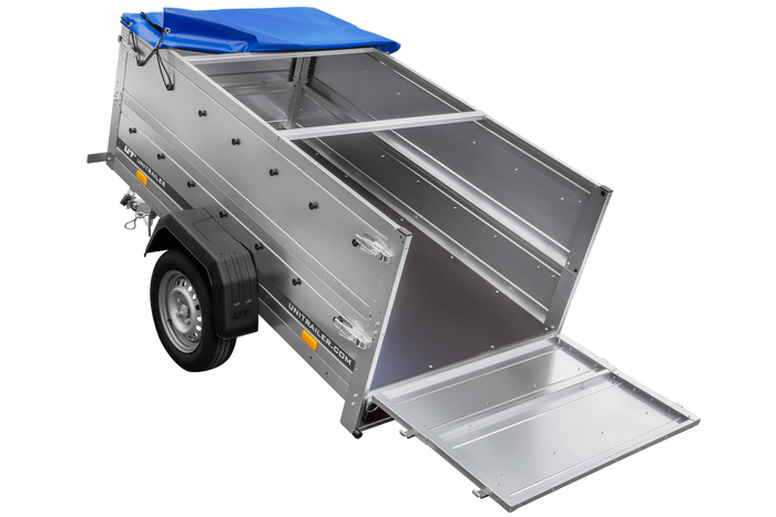 Rimorchio per auto 200x106 UNITRAILER GARDEN 200 KIPP con sponde BIS, telaio H-0 e copertura blu