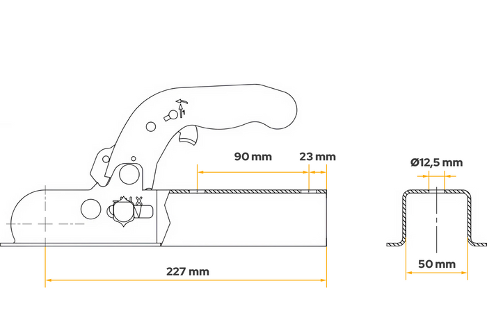 Gancio a sfera KNOTT K7.5-K per rimorchio da 750 kg con timone quadrato da 50 mm