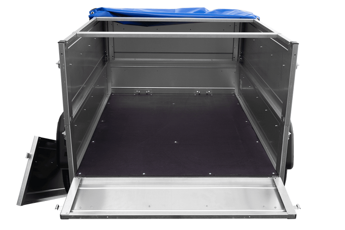 Rimorchio carrello leggero senza freni trasporto cose 750 kg Unitrailer Garden Trailer 150 kipp (new) con ruotino sovrasponde e telo blu