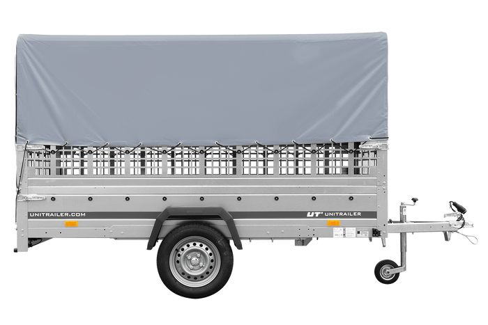 RIMORCHIO TRASPORTO COSE RIMORCHIO LEGGERO 750 KG UNITRAILER GARDEN TRAILER 264 KIPP CON SOVRASPONDE A RETE RUOTINO CENTINA E TELO GRIGIO