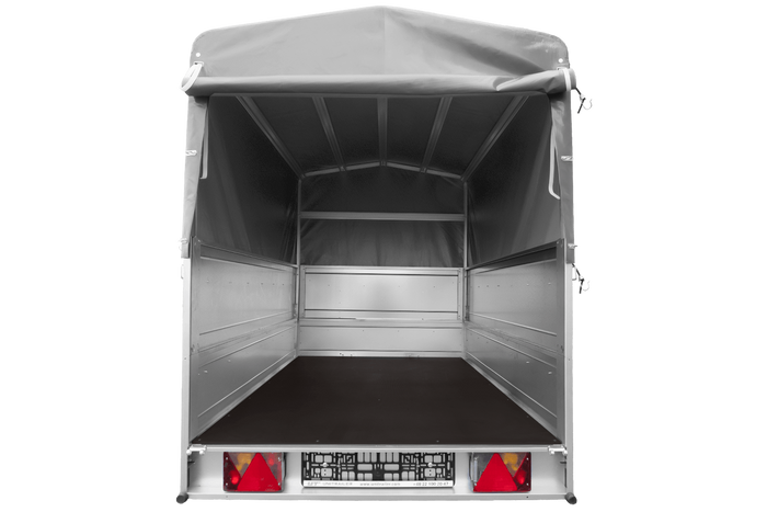 Rimorchio per auto 200x125 UNITRAILER GARDEN 201 KIPP con sponde BIS, telaio H-800 e telo di copertura grigio