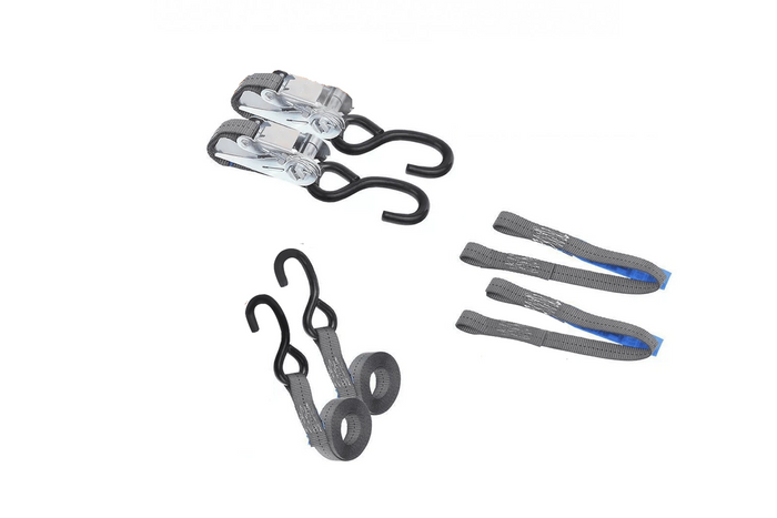 Set di due cinghie di trasporto HILLS da 3 m/25 mm/1 t con tenditore e due imbracature da 0,45 m per fissare la motocicletta.