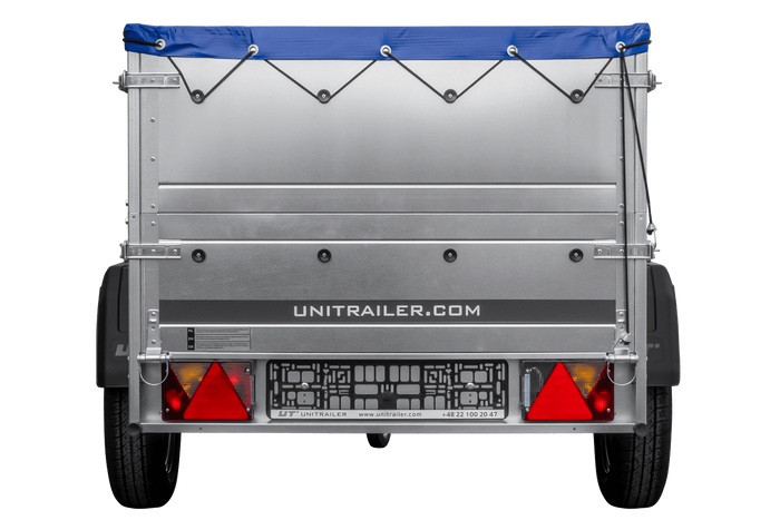Rimorchio per auto 200x106 UNITRAILER GARDEN 200 KIPP con sponde BIS, telaio H-0 e copertura blu