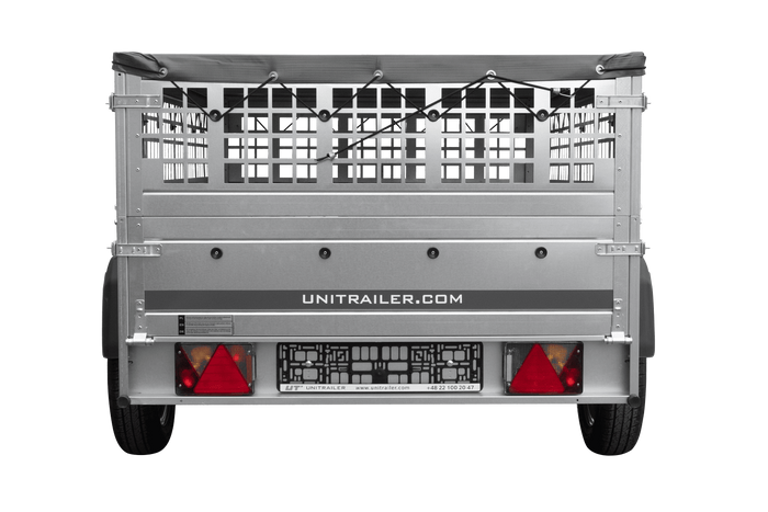 Rimorchio per auto 200x125 UNITRAILER GARDEN 201 KIPP con lati in rete, telaio H-0 e copertura grigia
