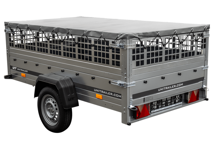 Rimorchio per auto 230x125 UNITRAILER GARDEN 230 KIPP con lati in rete e copertura grigia