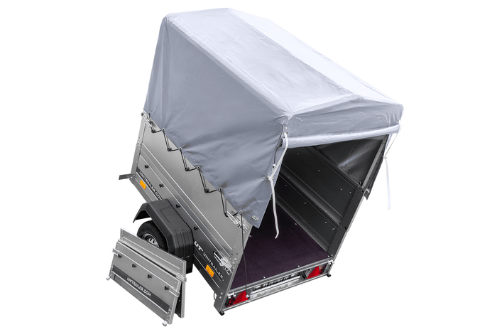 Rimorchio monoasse 150x106 UNITRAILER GARDEN 150 KIPP con sponde BIS, telaio H-800 e copertura grigia