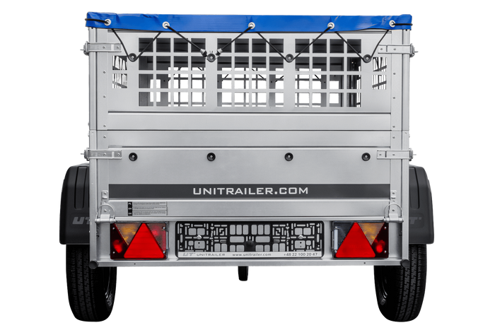 Rimorchio per auto 150x106 UNITRAILER GARDEN 150 KIPP con lati in rete e copertura blu