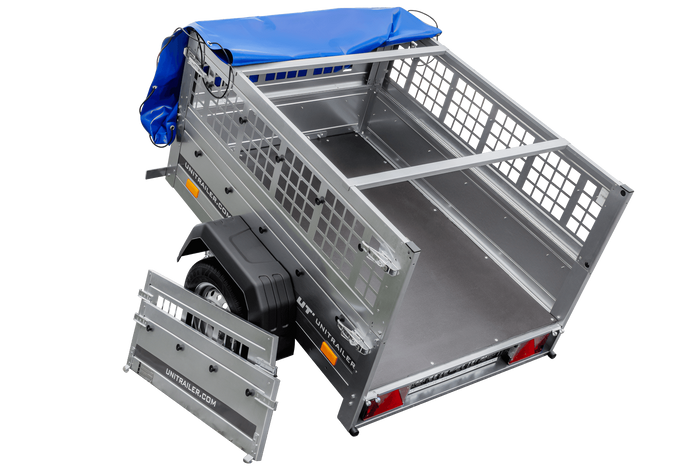 Rimorchio per auto 150x106 UNITRAILER GARDEN 150 KIPP con lati in rete e copertura blu