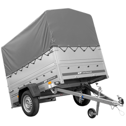 Rimorchio per auto 200x125 UNITRAILER GARDEN 201 KIPP con sponde BIS, telaio H-800 e telo di copertura grigio
