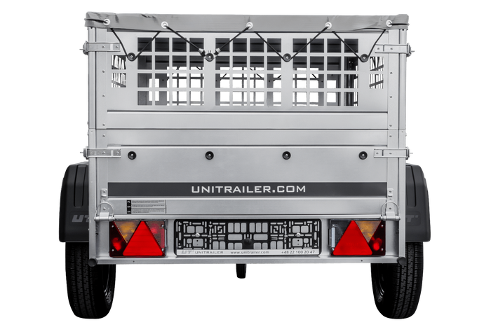 Rimorchio per auto 150x106 UNITRAILER GARDEN 150 KIPP con lati in rete e copertura grigia