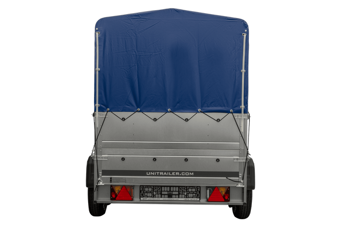Rimorchio per auto a due assi UNITRAILER GARDEN TRAILER 264/2 KIPP CON RUOTA DI SOSTEGNO, FIANCHI BIS, TELAIO H-800 E COPERTURA BLU