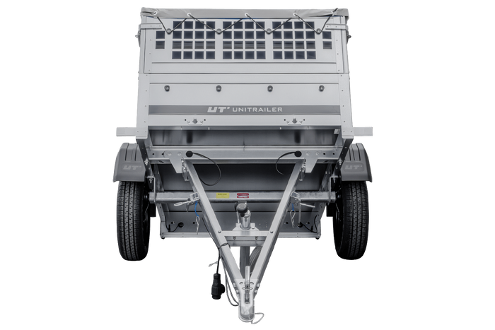 Rimorchio per auto 150x106 UNITRAILER GARDEN 150 KIPP con lati in rete e copertura grigia