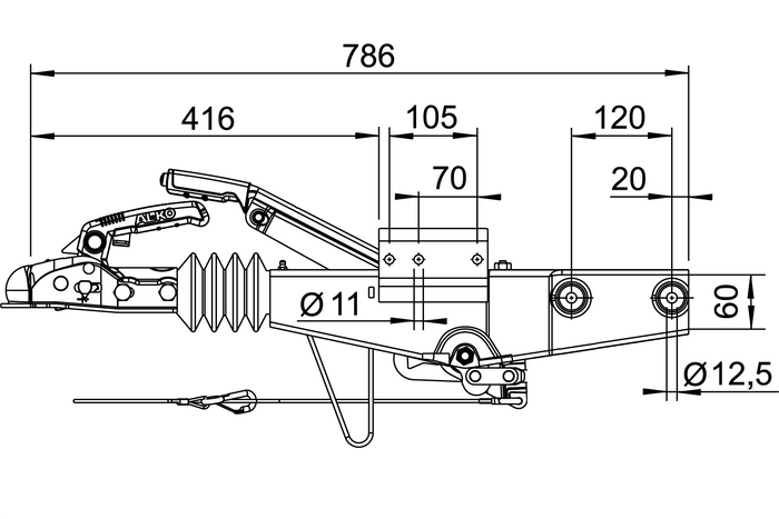 Dispositivo di inerzia AL-KO 60S/2 con gancio AK161 per rimorchio da 750 kg con timone quadro