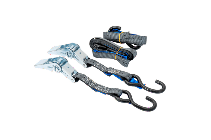Set di due cinghie di trasporto HILLS da 3 m/25 mm/1 t con tenditore e due imbracature da 0,45 m per fissare la motocicletta.