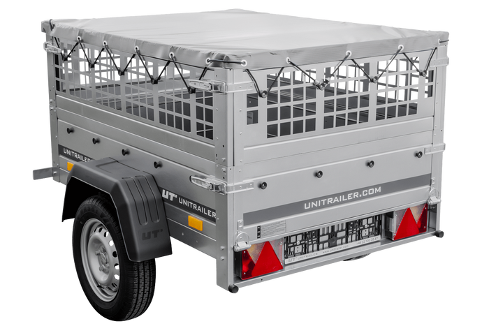 Rimorchio per auto 150x106 UNITRAILER GARDEN 150 KIPP con lati in rete e copertura grigia